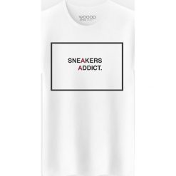 Koszulka "Sneakers Addict" w kolorze białym. Białe koszulki męskie Wooop, xl, z nadrukiem, z bawełny, z okrągłym kołnierzem, bez rękawów. W wyprzedaży za 56,95 zł.