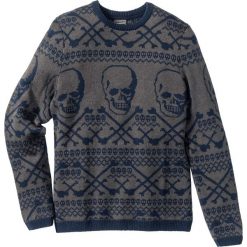Swetry klasyczne męskie: Sweter z domieszką wełny Slim Fit bonprix ciemnoniebiesko-szary wzorzysty