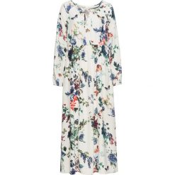 Sukienka bonprix kremowy z nadrukiem. Brązowe sukienki damskie bonprix, na lato, z nadrukiem, z koronki, z dekoltem w serek, z długim rękawem, długie, maxi. Za 89,99 zł.