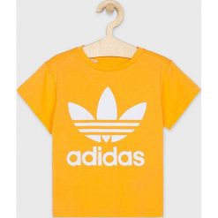 Adidas Originals - T-shirt dziecięcy 104-128 cm. Pomarańczowe bluzki dziewczęce adidas Originals, z nadrukiem, z bawełny, z okrągłym kołnierzem, bez rękawów, bez kaptura. Za 69,90 zł.