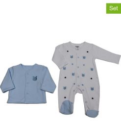2-częściowy zestaw w kolorze biało-błękitnym. Niebieskie śpiochy niemowlęce Just Too Cute, z aplikacjami, z bawełny. W wyprzedaży za 49,95 zł.