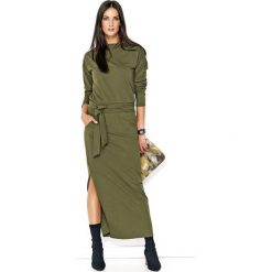 Khaki Komfortowa Maxi Sukienka z Paskiem. Brązowe długie sukienki marki Molly.pl, na co dzień, l, z aplikacjami, proste. Za 123,90 zł.