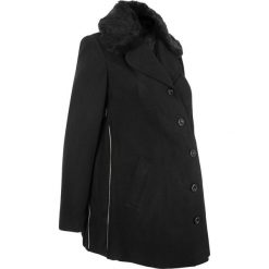 Krótki płaszcz ciążowy w optyce wełnianego, ze sztucznym futerkiem bonprix czarny. Czarne kurtki damskie bonprix, bez wzorów, z wełny, moda ciążowa, krótkie. Za 199,99 zł.