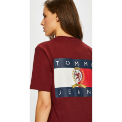 Tommy Jeans - Top. Brązowe topy damskie Tommy Jeans, l, z bawełny, z okrągłym kołnierzem. Za 229,90 zł.