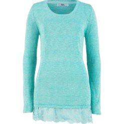 Sweter z koronką, długi rękaw bonprix morski pastelowy. Zielone swetry damskie bonprix, w koronkowe wzory, z koronki, z długim rękawem, długie, bez kaptura. Za 44,99 zł.