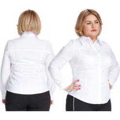 Elegancka biała koszula bluzka z kołnierzykiem PLUS SIZE. Białe bluzki damskie Moda Size Plus Iwanek, plus size, bez wzorów, z bawełny, eleganckie, z klasycznym kołnierzykiem, plus size, z długim rękawem. Za 119,00 zł.
