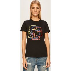Karl Lagerfeld - T-shirt. Czarne bluzki damskie KARL LAGERFELD, s, z nadrukiem, z bawełny, casualowe, z okrągłym kołnierzem. W wyprzedaży za 299,90 zł.