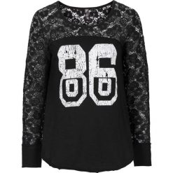 Shirt z długim rękawem i koronką bonprix czarny. Czarne koszulki damskie bonprix, z nadrukiem, z koronki, bez kołnierzyka, z długim rękawem. Za 74,99 zł.