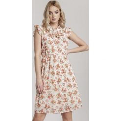 Kremowa Sukienka Doriedine. Brązowe sukienki damskie Renee, na imprezę, na lato, s, w kwiaty, eleganckie, z falbankami, bez rękawów, midi. Za 79,99 zł.