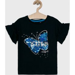 Desigual - Top dziecięcy 104-164 cm. Niebieskie bluzki dziewczęce Desigual, z nadrukiem, z bawełny, z okrągłym kołnierzem, z krótkim rękawem, krótkie, bez kaptura. W wyprzedaży za 89,90 zł.