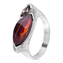 RABAT Pierścionek Srebrny - srebro 925, Bursztyn,swarovski. Szare pierścionki damskie W.KRUK, z bursztynem, srebrne. W wyprzedaży za 69,00 zł.