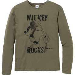 Shirt "Mickey Mouse", długi rękaw SLIM FIT bonprix oliwkowy. Zielone koszulki męskie marki bonprix, s, z nadrukiem, bez kołnierzyka, z długim rękawem, długie. Za 29,99 zł.