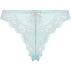 Stringi w kolorze turkusowym. Niebieskie stringi damskie marki Guy de France, s, w koronkowe wzory, z koronki. W wyprzedaży za 36,95 zł.