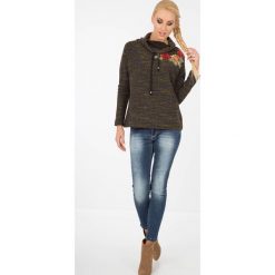 Miodowa Bluza z Haftem BB20649. Pomarańczowe bluzy damskie marki Fasardi, m, z haftami. Za 49,00 zł.