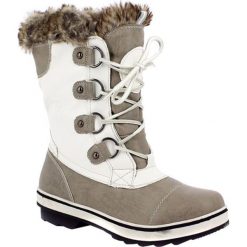 Kozaki zimowe "Megeve" w kolorze jasnoszaro-białym. Szare kozaki damskie Kimberfeel, na zimę, z materiału, bez obcasa, na sznurówki. W wyprzedaży za 349,95 zł.