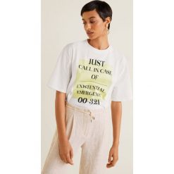 Mango - Top Call. Białe bluzki damskie Mango, s, z nadrukiem, z bawełny, z okrągłym kołnierzem. W wyprzedaży za 39,90 zł.