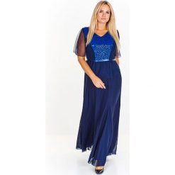 Wieczorowa sukienka z ozdobną górą granatowy. Niebieskie sukienki damskie N/A, plus size, bez wzorów, wizytowe, bez kołnierzyka, plus size, bez rękawów. Za 151,64 zł.