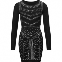 Sukienka na party bonprix czarny. Czarne sukienki damskie bonprix, na imprezę, z aplikacjami, eleganckie, bez kołnierzyka, bez rękawów. Za 189,99 zł.