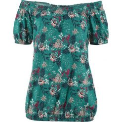 Shirt z dekoltem "carmen" bonprix dymny szmaragdowy w kwiaty. Niebieskie t-shirty damskie bonprix, w kwiaty, bez kołnierzyka. Za 34,99 zł.