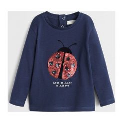 Mango Kids - Longsleeve dziecięcy Marieta 80-104 cm. Niebieskie bluzki dziewczęce Mango Kids, z nadrukiem, z bawełny, z okrągłym kołnierzem, z krótkim rękawem, krótkie, bez kaptura. Za 49,90 zł.
