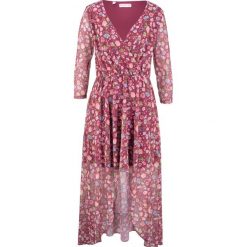 Sukienka siatkowa Maite Kelly bonprix czerwony rododendron z nadrukiem. Fioletowe sukienki damskie bonprix, z nadrukiem, z asymetrycznym kołnierzem, bez rękawów, asymetryczne. Za 119,99 zł.