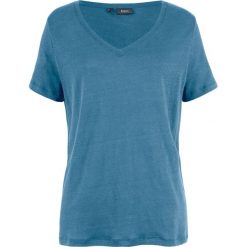 Luźniejszy shirt, 100% len bonprix niebieski dżins. Niebieskie koszulki damskie bonprix, bez wzorów, ze lnu, bez kołnierzyka, bez rękawów. Za 37,99 zł.