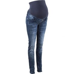 Dżinsy ciążowe "destroyed look", SKINNY bonprix ciemny denim. Niebieskie jeansy damskie bonprix, z bawełny. Za 129,99 zł.