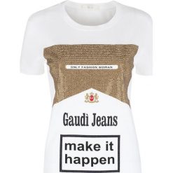 T-shirt Gaudi Jeans. Białe koszulki damskie Gaudi, na co dzień, bez wzorów, z jeansu, z włoskim kołnierzykiem, bez rękawów. Za 189,00 zł.