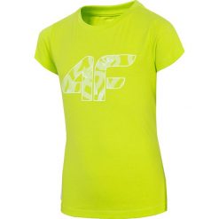 T-shirt dziewczęcy (122-164) JTSD201 - soczysta zieleń neon. Żółte bluzki dziewczęce marki 4F JUNIOR, z nadrukiem, z materiału, bez kołnierzyka, bez rękawów, bez kaptura. Za 29,99 zł.