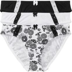 Figi (3 pary) bonprix biały z nadrukiem + czarny + biały. Białe majtki damskie bonprix, z nadrukiem, z koronki. Za 54,99 zł.