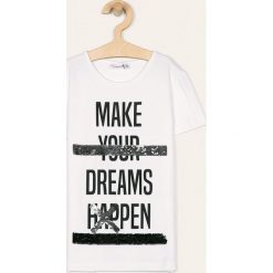 Blukids - T-shirt dziecięcy 140-170 cm. Białe bluzki dziewczęce Blukids, z nadrukiem, z elastanu, z okrągłym kołnierzem, z krótkim rękawem, krótkie, bez kaptura. W wyprzedaży za 39,90 zł.