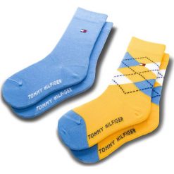 Zestaw 2 par wysokich skarpet unisex TOMMY HILFIGER - 334013001 Yellow/Blue 740. Niebieskie skarpetki damskie TOMMY HILFIGER, bez wzorów, z elastanu. Za 39,99 zł.