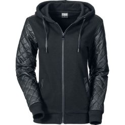 Bluzy damskie: Urban Classics Ladies Diamond Leather Imitation Sleeve Zip Hoody Bluza z kapturem rozpinana damska czarny