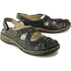 RIEKER 46377-14 blue, sandały damskie. Niebieskie koturny damskie Rieker, bez wzorów, z gumy, bez obcasa, na koturnie, na rzepy. Za 259,90 zł.