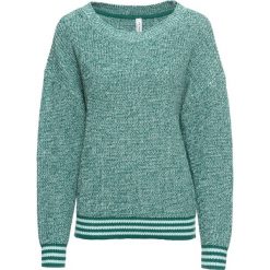 Sweter ze ściągaczem w paski bonprix dymny szmaragdowy - morski pastelowy melanż. Niebieskie swetry damskie bonprix, w paski, bez rękawów, bez kaptura. Za 89,99 zł.