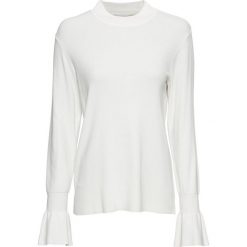 Sweter z rękawami z falbanami bonprix biel wełny. Białe swetry damskie bonprix, bez wzorów, z wełny, bez rękawów, bez kaptura. Za 74,99 zł.