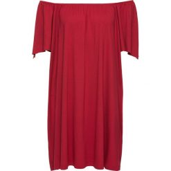 Sukienka shirtowa z dekoltem "carmen" bonprix ciemnoczerwony. Czerwone sukienki damskie bonprix, bez wzorów, bez kołnierzyka, bez rękawów. Za 74,99 zł.