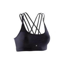 Stanik do tańca. Czarne biustonosze sportowe damskie marki DOMYOS, bez wzorów, z elastanu, na fitness i siłownię. Za 24,99 zł.