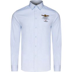 Koszula AERONAUTICA MILITARE. Niebieskie koszule męskie Aeronautica Militare, z aplikacjami, z bawełny, biznesowe, z włoskim kołnierzykiem, bez rękawów. Za 490,00 zł.
