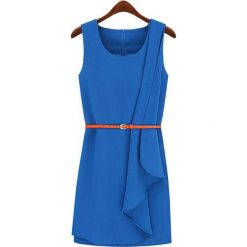 Niebieska Stylowa Sukienka Mini z Paskiem bez Rękawów. Niebieskie sukienki damskie Molly.pl, na lato, l, bez wzorów, eleganckie, z asymetrycznym kołnierzem, z długim rękawem, długie, mini, asymetryczne. Za 76,90 zł.