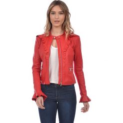 Skórzana kurtka w kolorze czerwonym. Czerwone kurtki damskie Kurtki skórzane, l, z aplikacjami, klasyczne. W wyprzedaży za 539,95 zł.