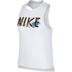 Koszulka Nike Miler Tank W Biała. Białe bluzki sportowe damskie marki Nike, z napisami, z materiału, bez kołnierzyka, bez rękawów, bez kaptura, do biegania, dri-fit (nike). Za 89,99 zł.