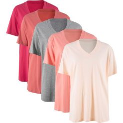Długi shirt z dekoltem w szpic (5 sztuk), krótki rękaw bonprix kremowy jasnoróżowy + brzoskwiniowy + rabarbarowy + czerwień granatu + jasnoszary melan. Różowe koszulki damskie bonprix, bez wzorów, bez kołnierzyka, z długim rękawem. Za 109,95 zł.