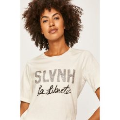 Silvian Heach - T-shirt. Czarne bluzki damskie Silvian Heach, s, z aplikacjami, z bawełny, klasyczne, z okrągłym kołnierzem, z krótkim rękawem. Za 149,90 zł.