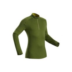Koszulka trekkingowa - TREK 500 MERINO zamek męska. Zielone koszulki męskie FORCLAZ, s, bez wzorów, z wełny, bez kołnierzyka, bez rękawów. Za 169,99 zł.