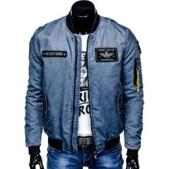 Kurtka męska jesienna bomberka C370 - błękitna. Niebieskie kurtki męskie Ombre Clothing, na jesień, m, bez wzorów, z poliesteru, bez kaptura. Za 89,00 zł.