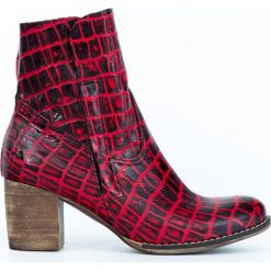 Botki na słupku - skóra naturalna - model 454 - kolor czarno-czerwony krokodyl. Czerwone botki damskie Zapato, na wiosnę, ze skóry, eleganckie, za kostkę, na wysokim obcasie, na obcasie, na zamek. W wyprzedaży za 319,20 zł.