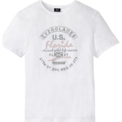 T-shirt bonprix biały. Białe koszulki męskie bonprix, s, z nadrukiem, bez kołnierzyka. Za 37,99 zł.