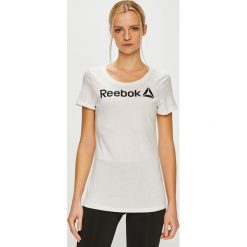 Reebok - Top. Białe topy damskie Reebok, s, z nadrukiem, z bawełny, z okrągłym kołnierzem. W wyprzedaży za 69,90 zł.