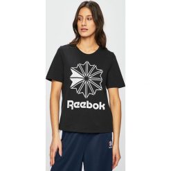Reebok Classic - Top. Czarne topy damskie Reebok Classic, s, z nadrukiem, z elastanu, z okrągłym kołnierzem. W wyprzedaży za 99,90 zł.